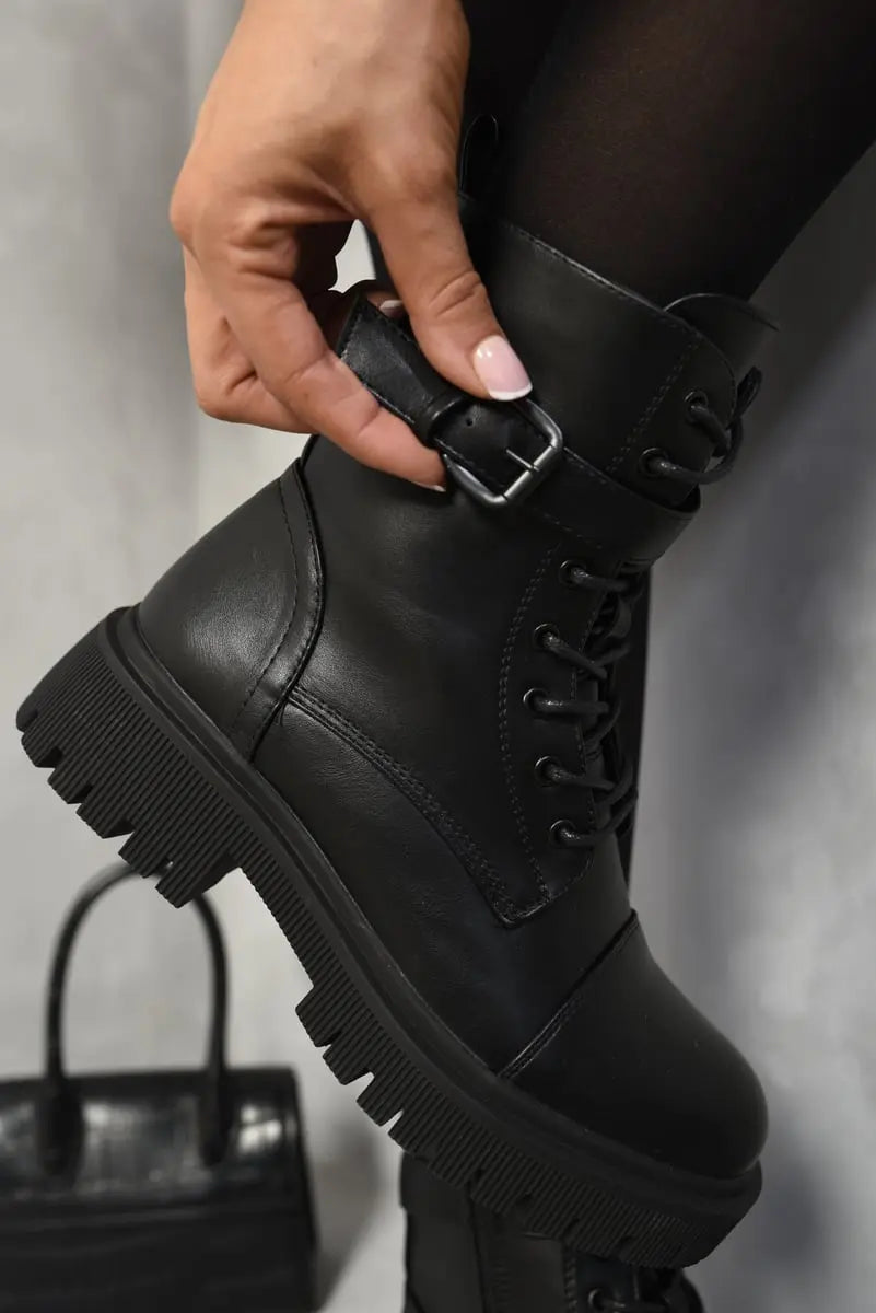 Lace Up Buckle Chunky Combat Boots Kenike