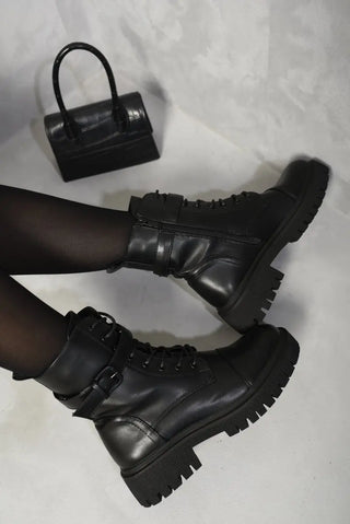 Lace Up Buckle Chunky Combat Boots Kenike