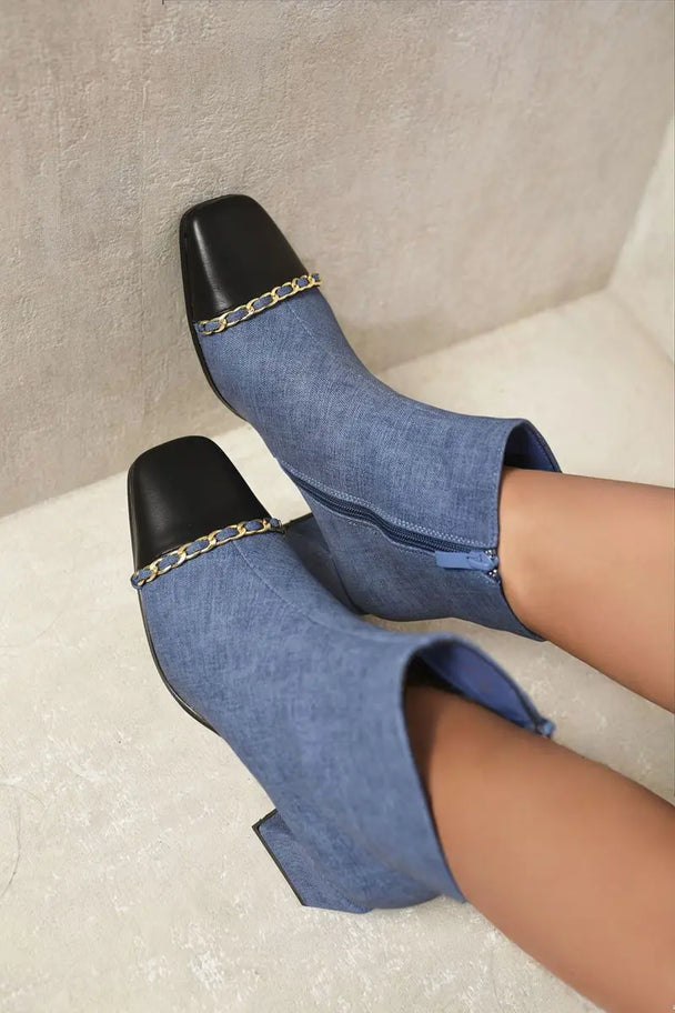 Two Tone Side Zip Block Heel Ankle Boots Kenike