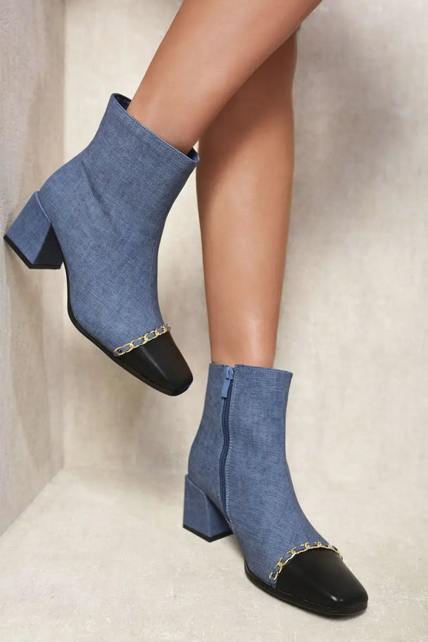 Two Tone Side Zip Block Heel Ankle Boots Kenike