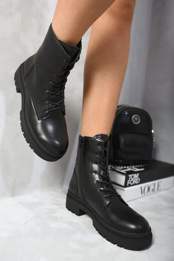 Lace Up Side Zip Chunky Ankle Boots Kenike