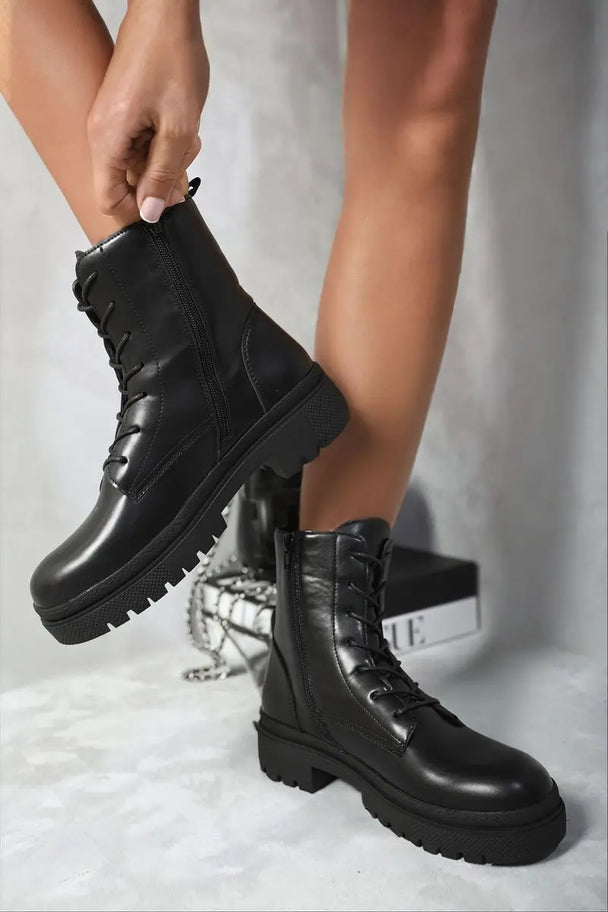 Lace Up Side Zip Chunky Ankle Boots Kenike