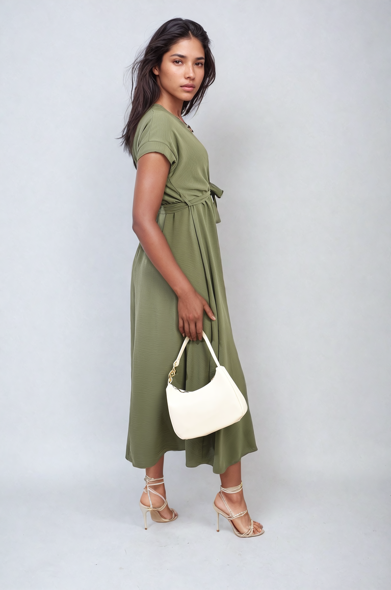 Wrap Tie Waist Short Sleeve Midi Dress