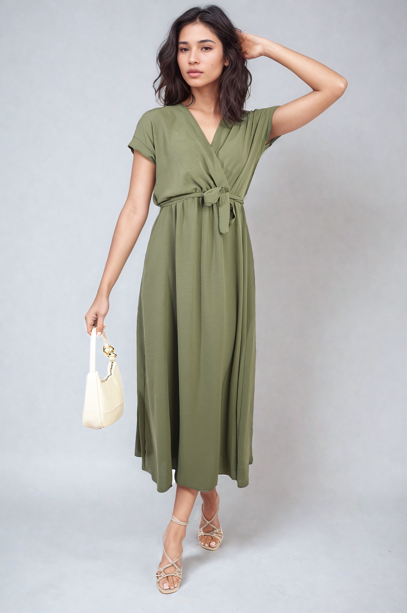 Wrap Tie Waist Short Sleeve Midi Dress