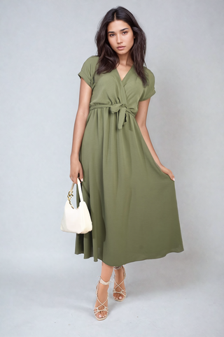 Wrap Tie Waist Short Sleeve Midi Dress