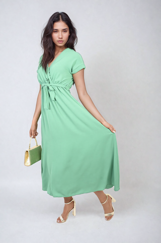 Wrap Tie Waist Short Sleeve Midi Dress