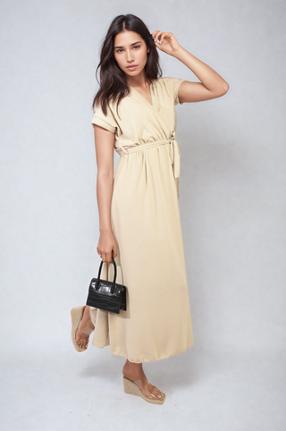 Wrap Tie Waist Short Sleeve Midi Dress