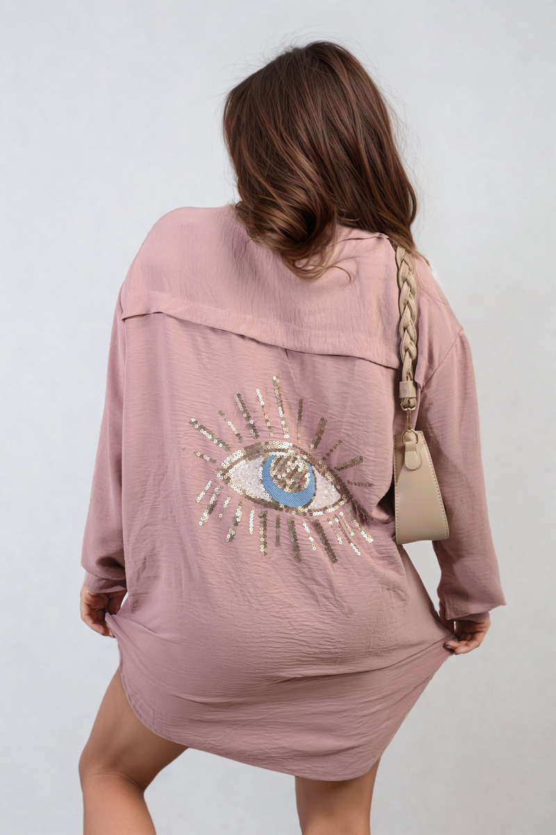 Long Sleeve Gold Sequin Eye Button Up Shirt