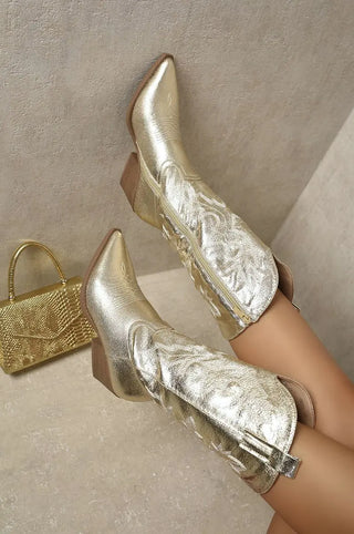 High Pointed Toe Embroidered Thick Heel Cowboy Boots Kenike