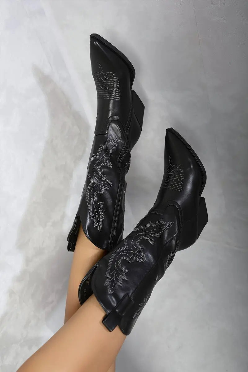 High Pointed Toe Embroidered Thick Heel Cowboy Boots Kenike