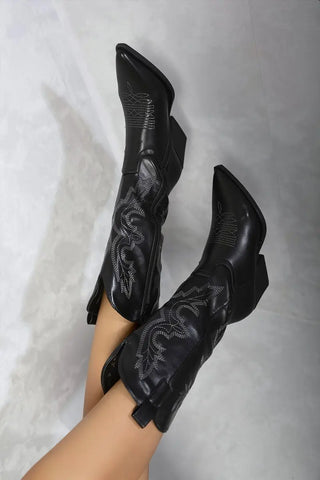 High Pointed Toe Embroidered Thick Heel Cowboy Boots Kenike