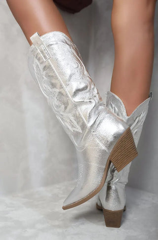 High Pointed Toe Embroidered Thick Heel Cowboy Boots Kenike