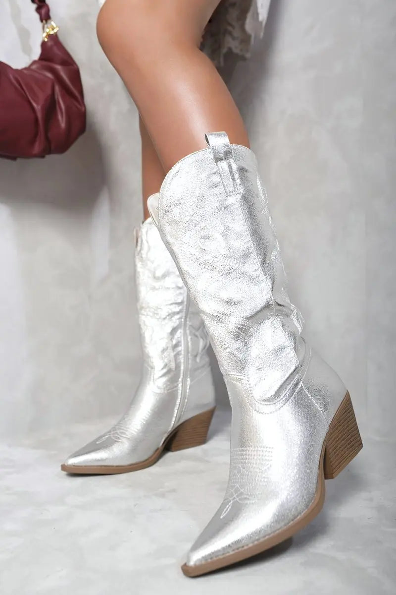 High Pointed Toe Embroidered Thick Heel Cowboy Boots Kenike