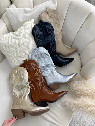 High Pointed Toe Embroidered Thick Heel Cowboy Boots Kenike