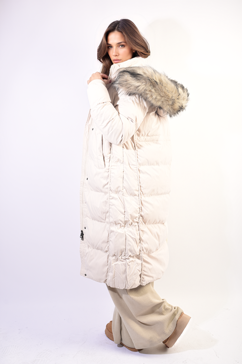 Longline Faux Fur Hooded Puffer Jacket for Women