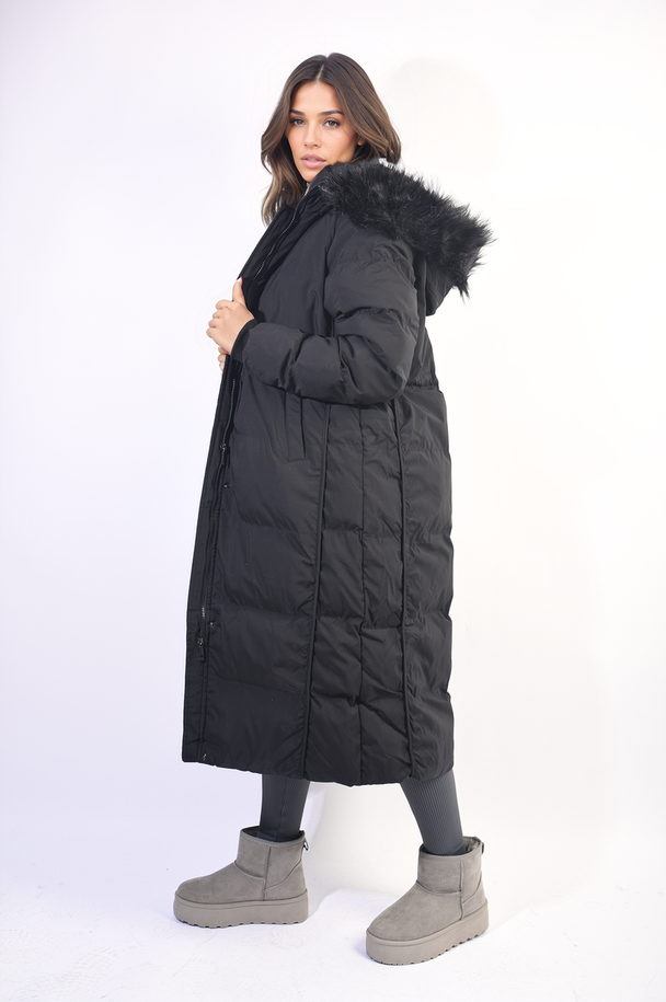 Longline Faux Fur Hooded Puffer Jacket for Women