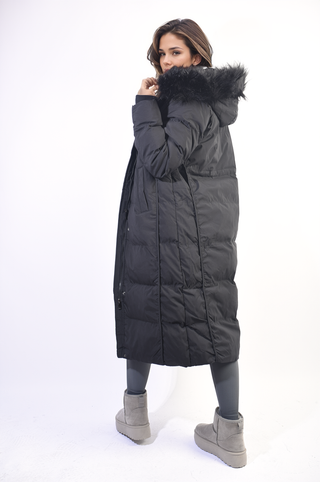 Longline Faux Fur Hooded Puffer Jacket for Women