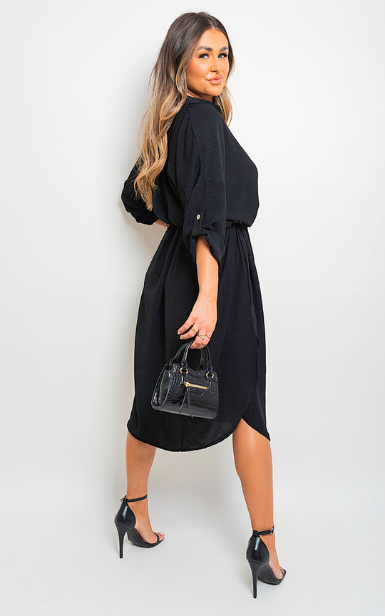 Button Down Pull Up Sleeve Midi Dress with Front Pocket