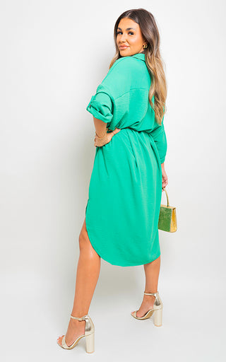 Button Down Pull Up Sleeve Midi Dress with Front Pocket