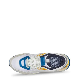 Top view of Puma MIRAGE-SPORT Sneakers with white, blue, and yellow layered mesh and suede upper, cushioned IMEVA midsole, and rubber outsole