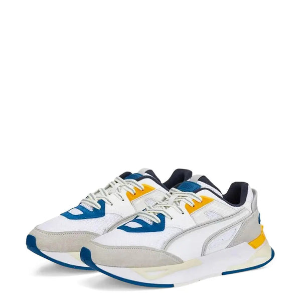 Unisex Puma MIRAGE-SPORT Sneakers with white, blue, yellow accents, suede mesh upper, lightweight cushioned midsole, rubber sole, and round toe design