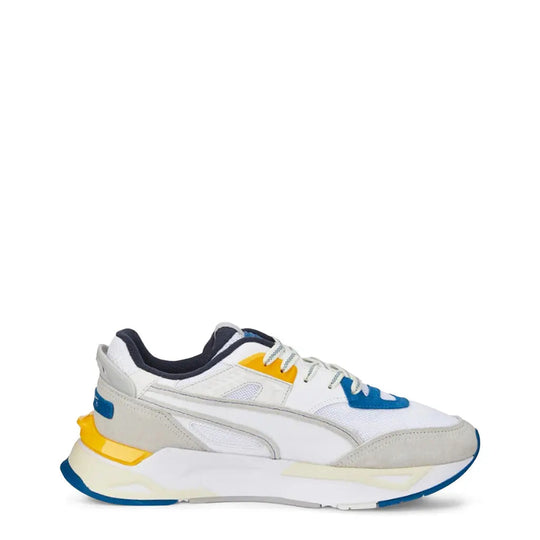 Puma MIRAGE-SPORT Sneakers in white with yellow and blue accents, suede and mesh upper, round toe, lightweight cushioned sole with rubber outsole.
