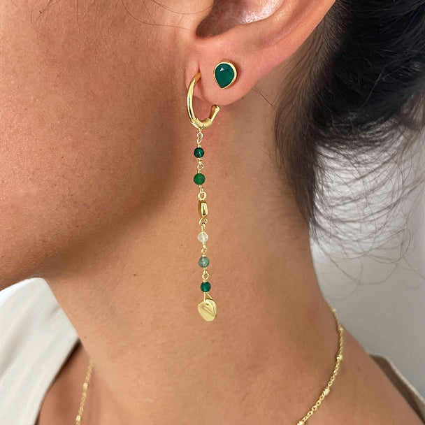 Sofia Small Hoop Nugget Earrings with green hydro, jade, prehnite, and aventurine stones in 22k gold on brass, worn on ear