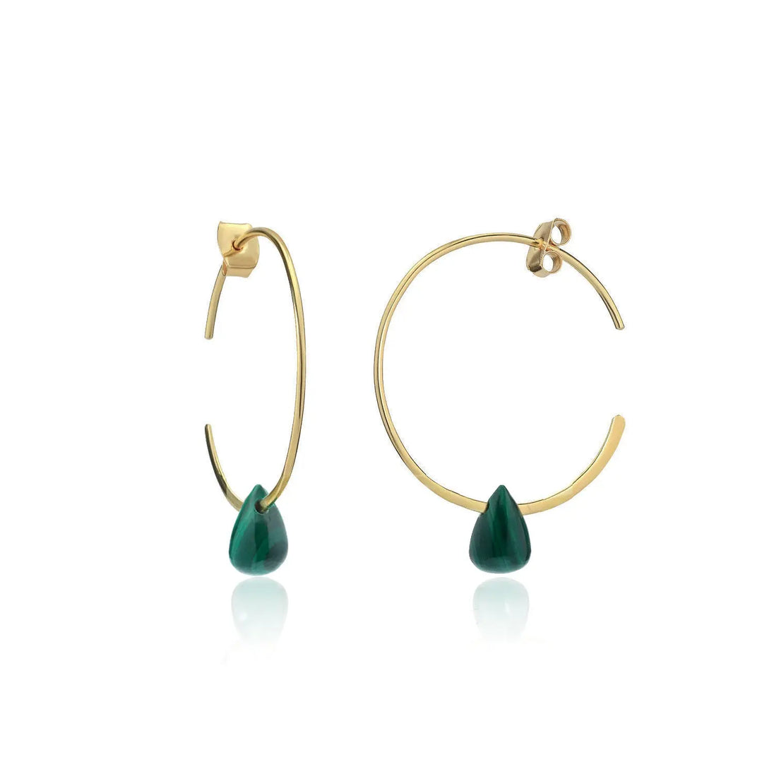 Hera wire hoop earrings with gold finish and green malachite teardrop stones