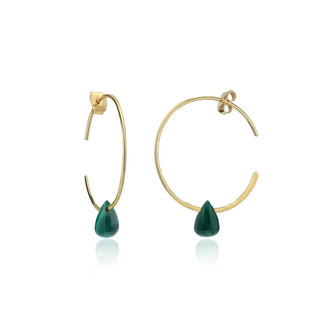 Hera wire hoop earrings with gold finish and green malachite teardrop stones
