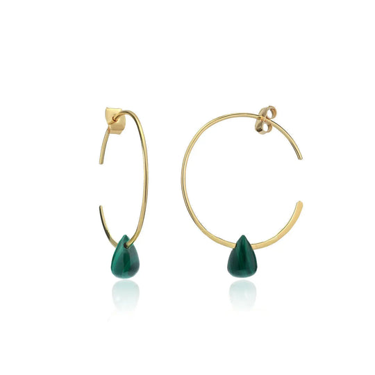 Hera wire hoop earrings with gold finish and green malachite teardrop stones