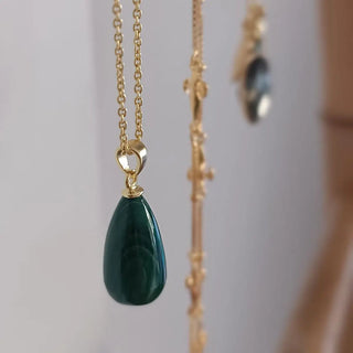 Hera Polished Stone Pendant Necklace with pear-shaped malachite gemstone on 22K gold brass chain