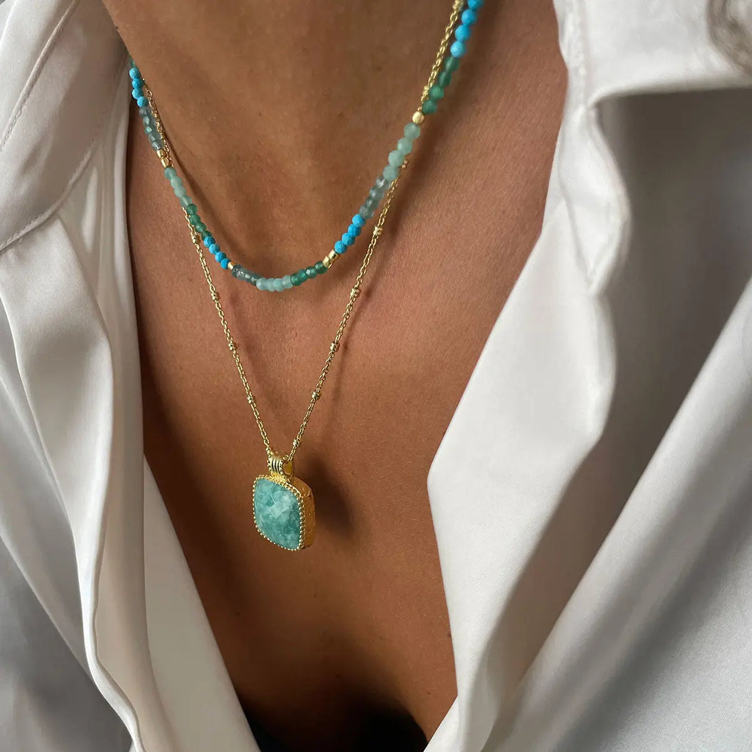 Milos Mixed Gemstone Beaded Necklace with Amazonite, Copper Turquoise, and Green Jade on 22k gold chain