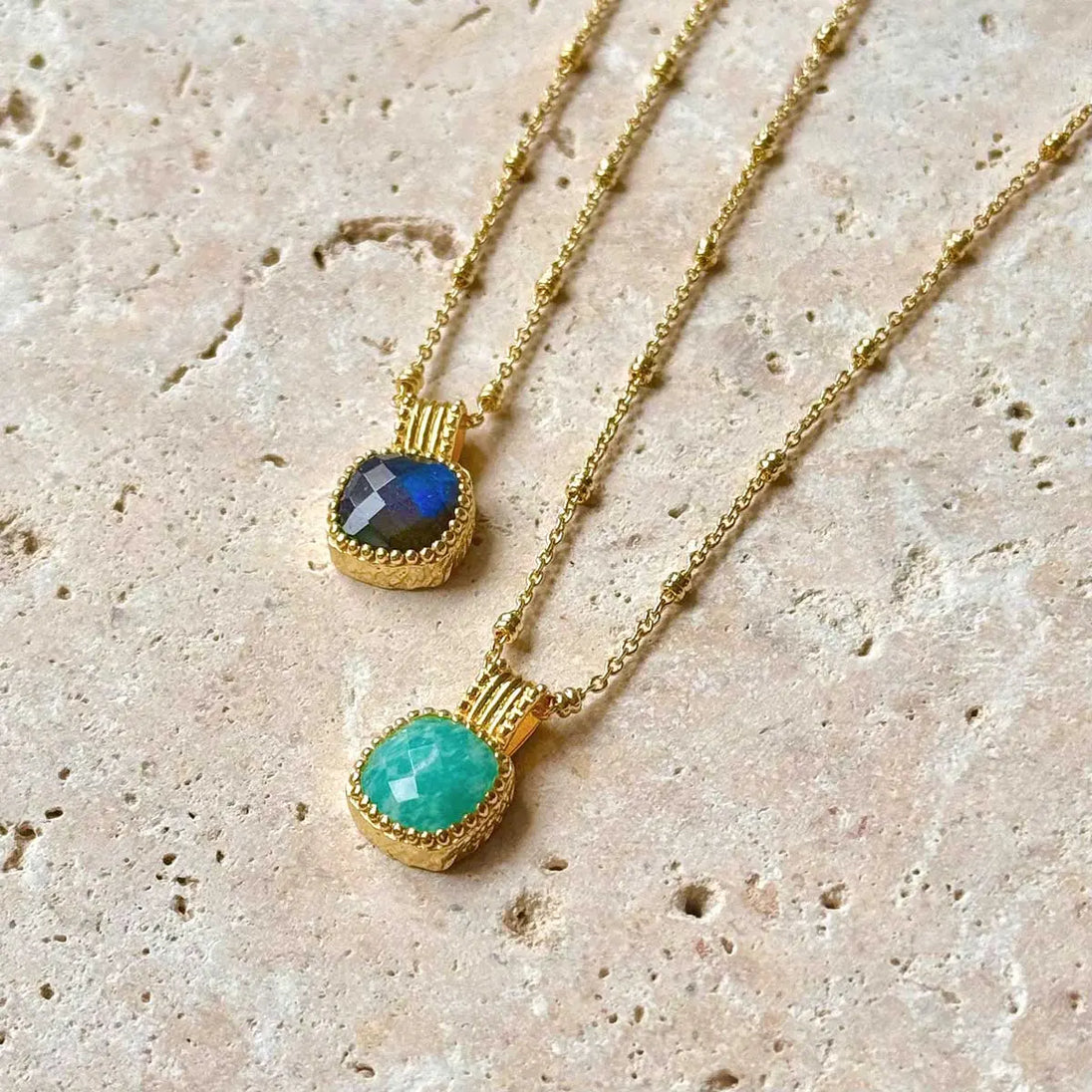 Tetra Square Gemstone pendant with labradorite in 22k gold on recycled brass, adjustable chain, artisan handcrafted jewelry