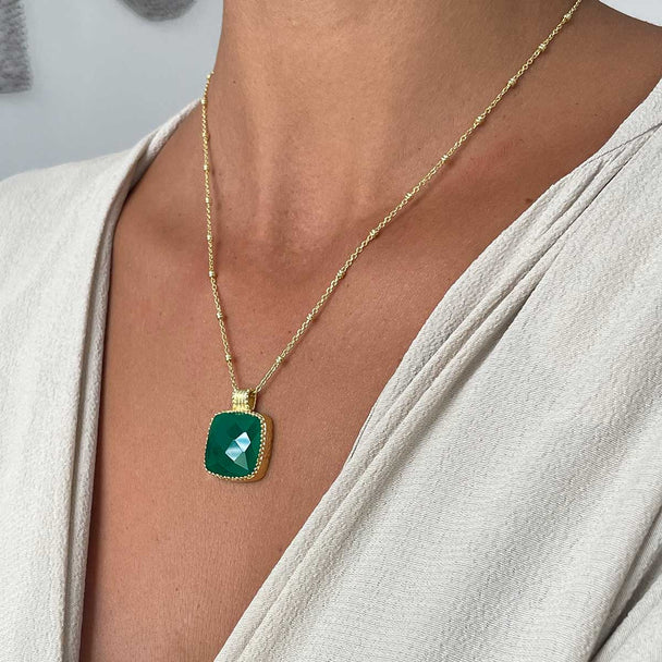 Tetra Large Square Gemstone Pendant with green onyx set in 22K gold on brass, worn on adjustable gold chain