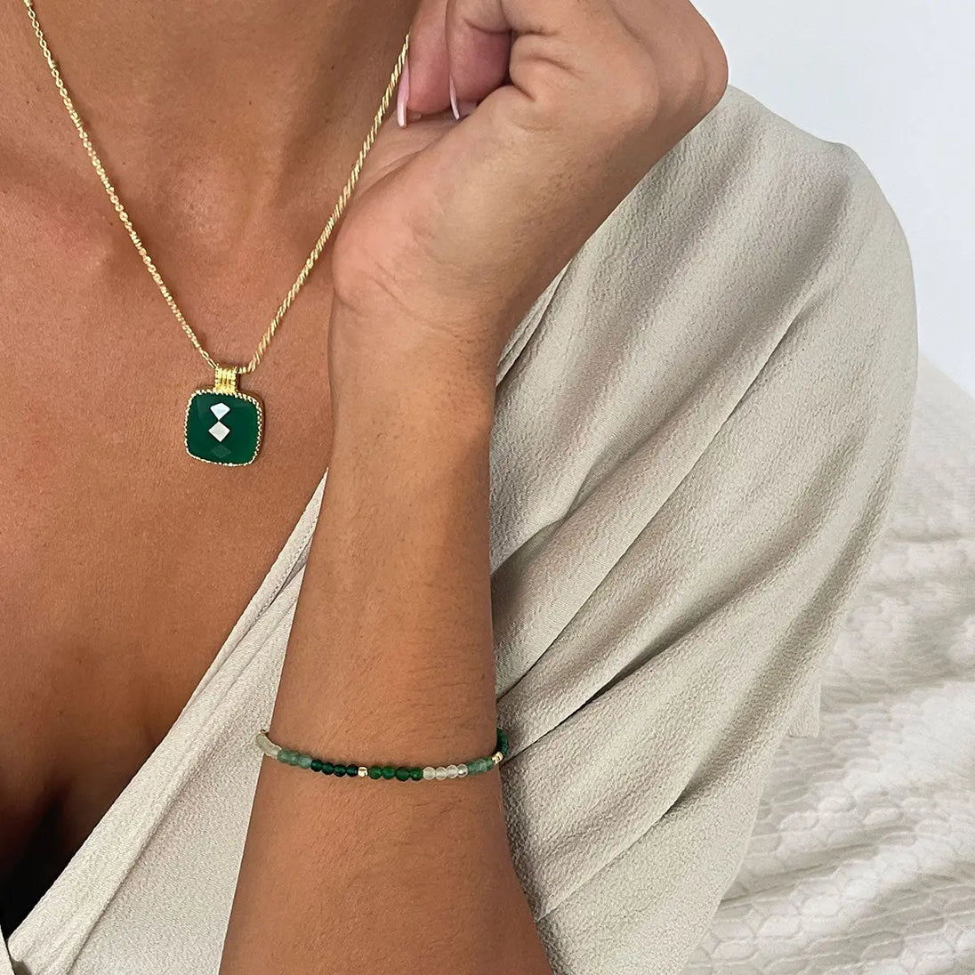 Tetra large square gemstone pendant featuring green onyx in 22 karat gold on recycled brass worn on adjustable chain