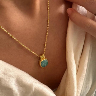 Tetra Square Gemstone Pendant featuring amazonite set in 22K gold on brass with adjustable chain worn on neck