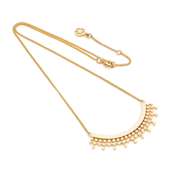 Etrusca Curved Necklace handcrafted 22k gold on recycled brass semicircular pendant with adjustable fine gold chain