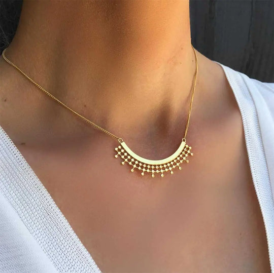 Etrusca Curved Necklace 22k gold on recycled brass semicircular pendant with delicate granulation design on adjustable fine gold chain