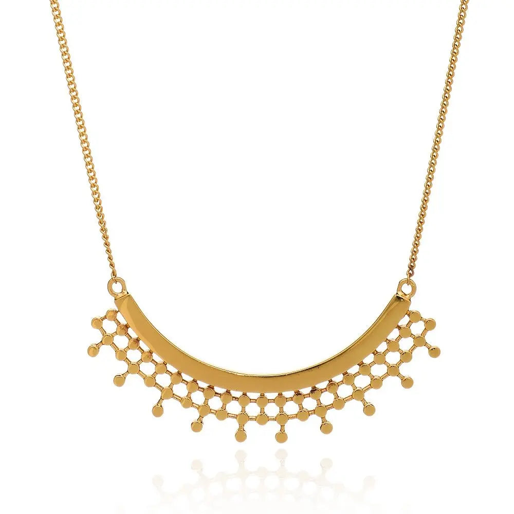 Etrusca Curved Necklace handcrafted 22k gold on recycled brass with adjustable 41-45cm chain and intricate granulated semicircular pendant