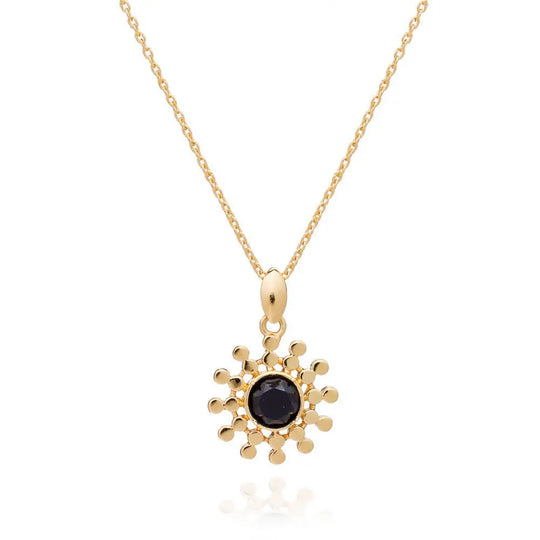 Etrusca Sun Drop Pendant with black onyx gemstone in 22k gold plated sunburst design necklace