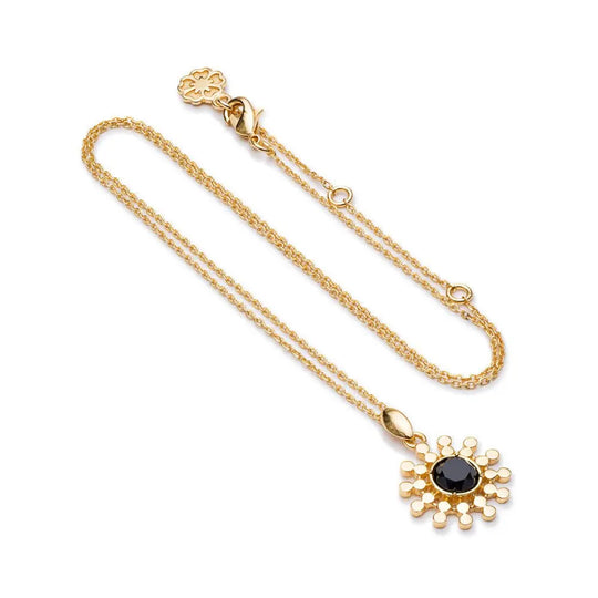 Etrusca Sun Drop Pendant gold necklace with black onyx stone handcrafted adjustable chain