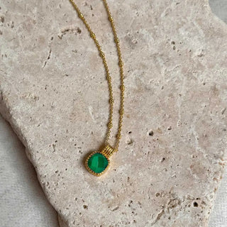 Tetra Square Gemstone Pendant with green onyx set in 22k gold on recycled brass, adjustable chain necklace