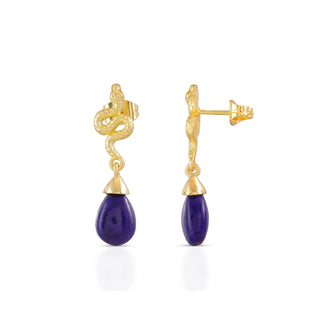 Medusa small gemstone drop earrings with gold snake design and lapis teardrop stone