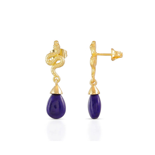 Medusa small gemstone drop earrings with gold snake design and lapis teardrop stone