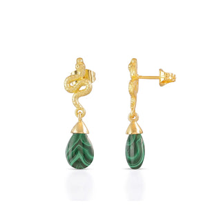 Medusa Small Gemstone Drop Earrings with 22K gold snake design and green malachite stone drop