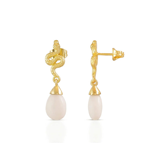 Medusa small gemstone drop earrings with white agate and 22K gold on recycled brass
