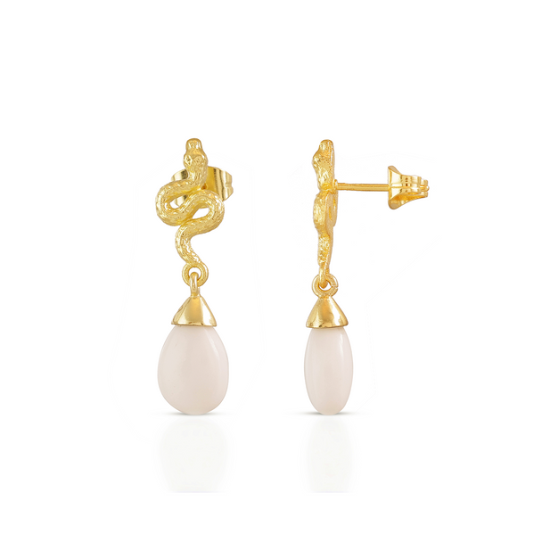 Medusa small gemstone drop earrings with white agate and 22K gold on recycled brass