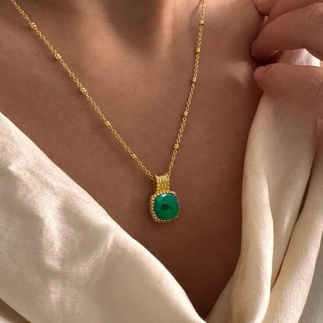 Tetra Square Gemstone Pendant with green onyx set in 22K gold on brass, adjustable gold chain worn on neck
