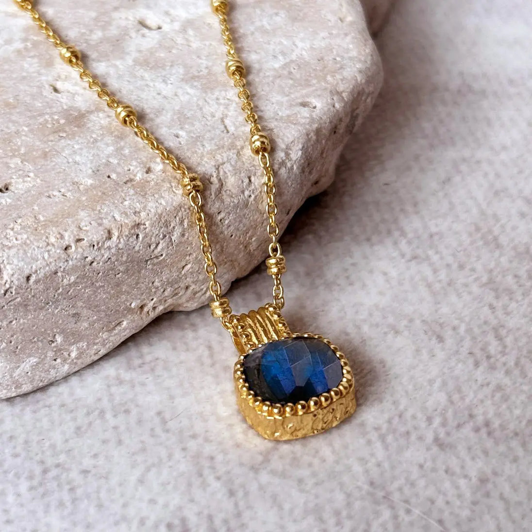 Tetra Square Gemstone pendant with labradorite set in 22K gold on brass with adjustable gold chain