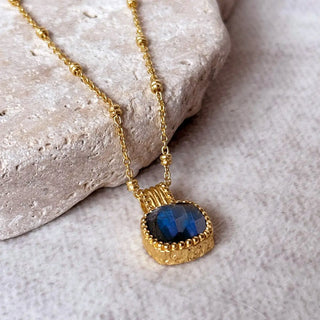 Tetra Square Gemstone pendant with labradorite set in 22K gold on brass with adjustable gold chain